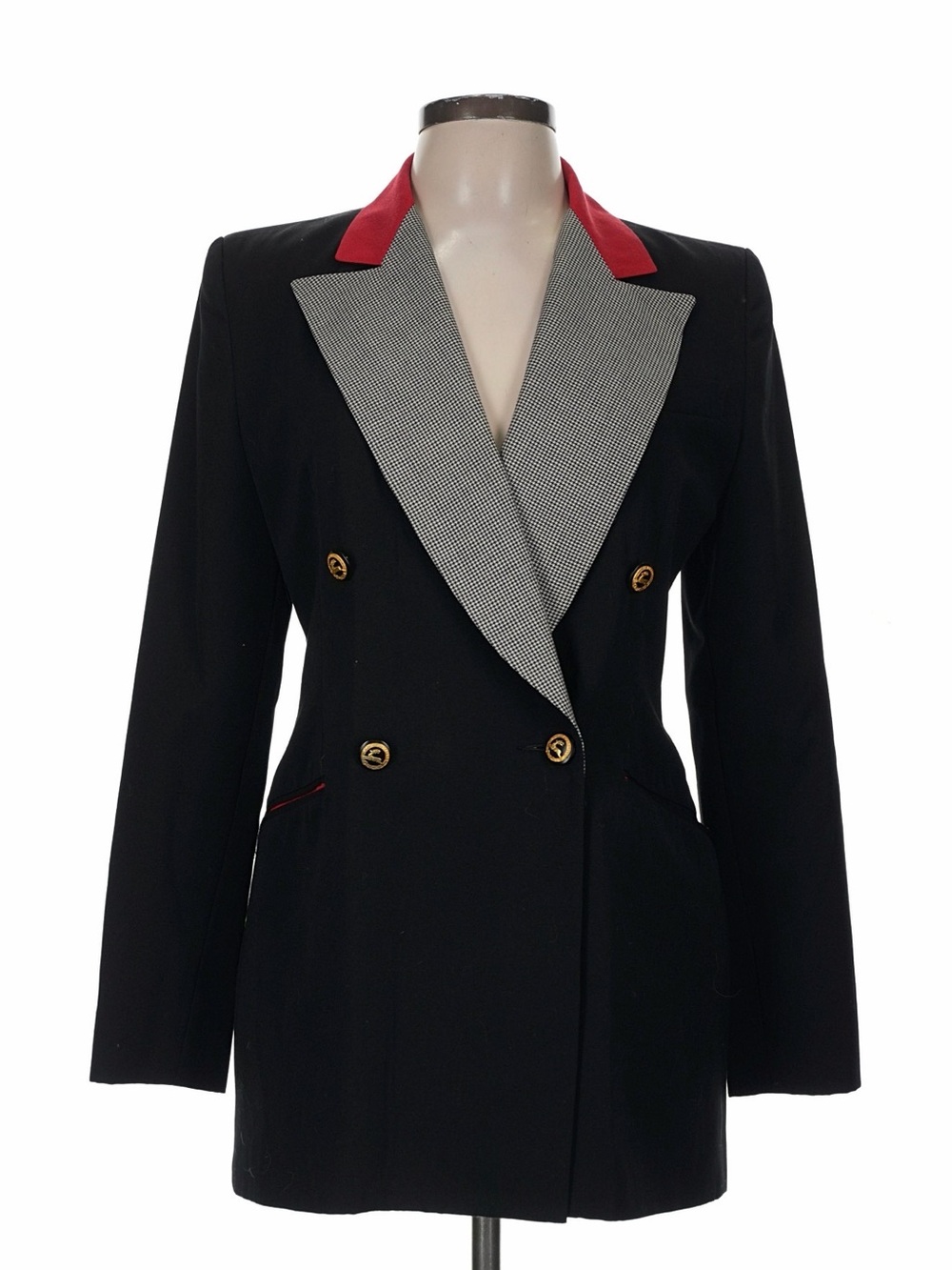 Wathne Vintage 100% Wool Blazer Black Houndstooth Velvet Collar Red | Sz 8